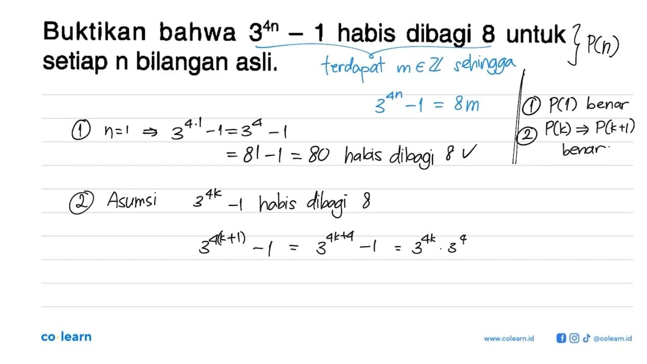 Buktikan bahwa 3^4n-1 habis dibagi 8 untuk setiap n