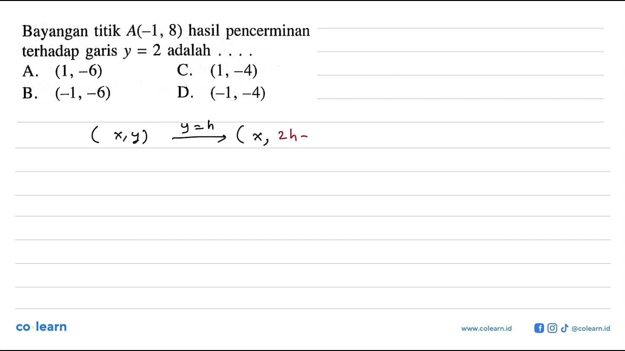 Bayangan titik A(-1,8) hasil pencerminan terhadap garis y=2