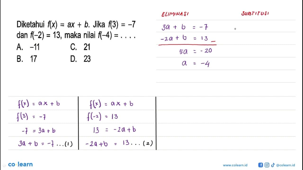 Diketahui f(x) = ax + b. Jika f(3) = -7 dan f(-2) = 13,