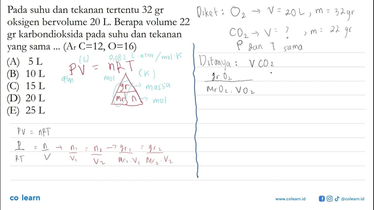 Pada suhu dan tekanan tertentu 32 gr oksigen bervolume 20