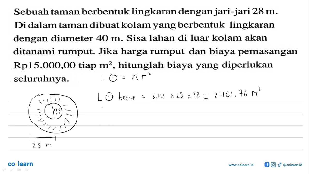 Sebuah taman berbentuk lingkaran dengan jari-jari 28 m. Di