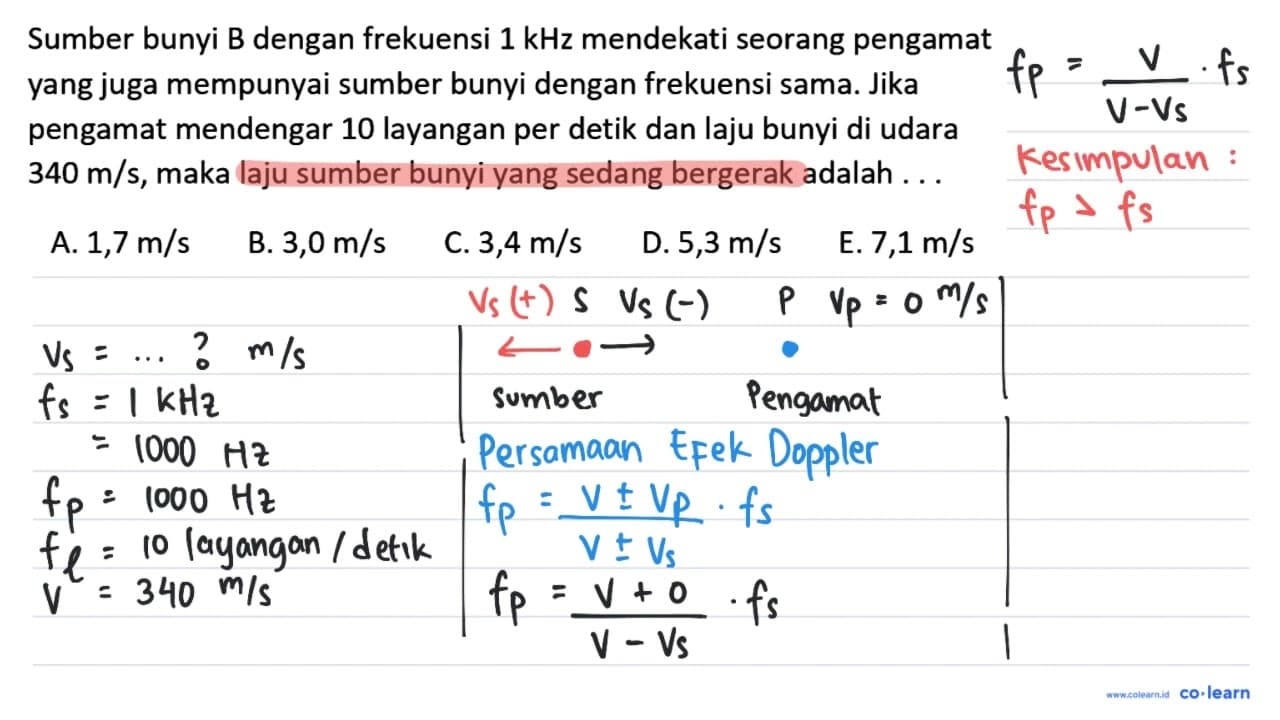 Sumber bunyi B dengan frekuensi 1 kHz mendekati seorang