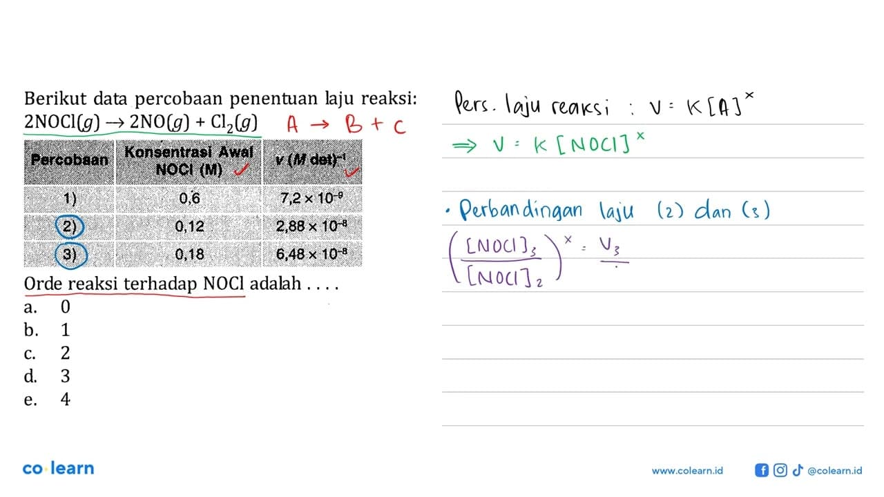 Berikut data percobaan penentuan laju reaksi: 2NOCI (g) ->