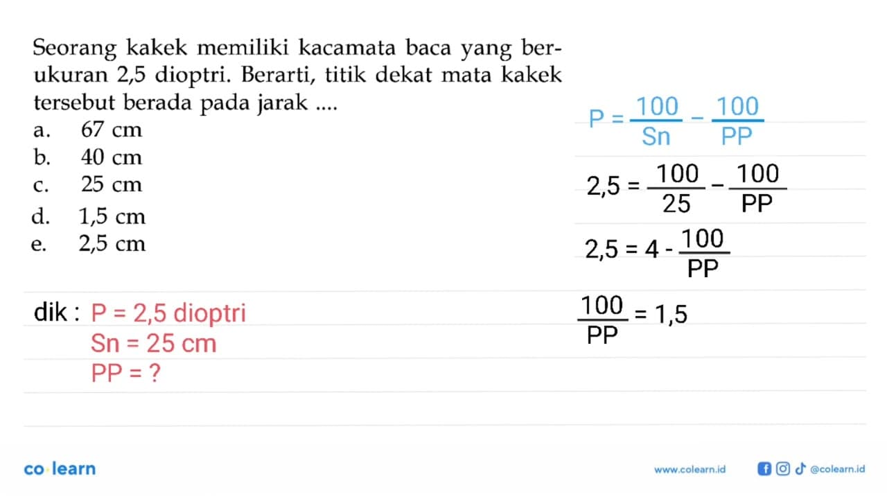 Seorang kakek memiliki kacamata baca yang berukuran 2,5