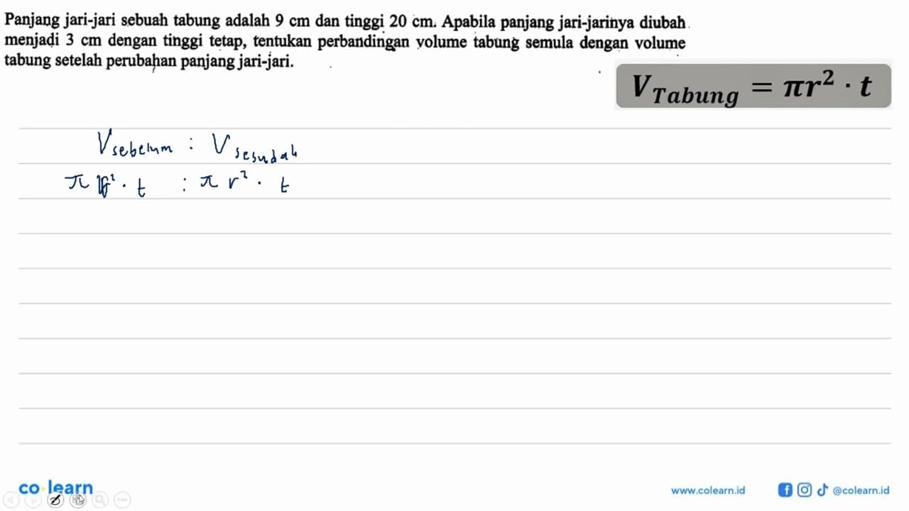 Panjang jari-jari sebuah tabung adalah 9 cm dan tinggi 20