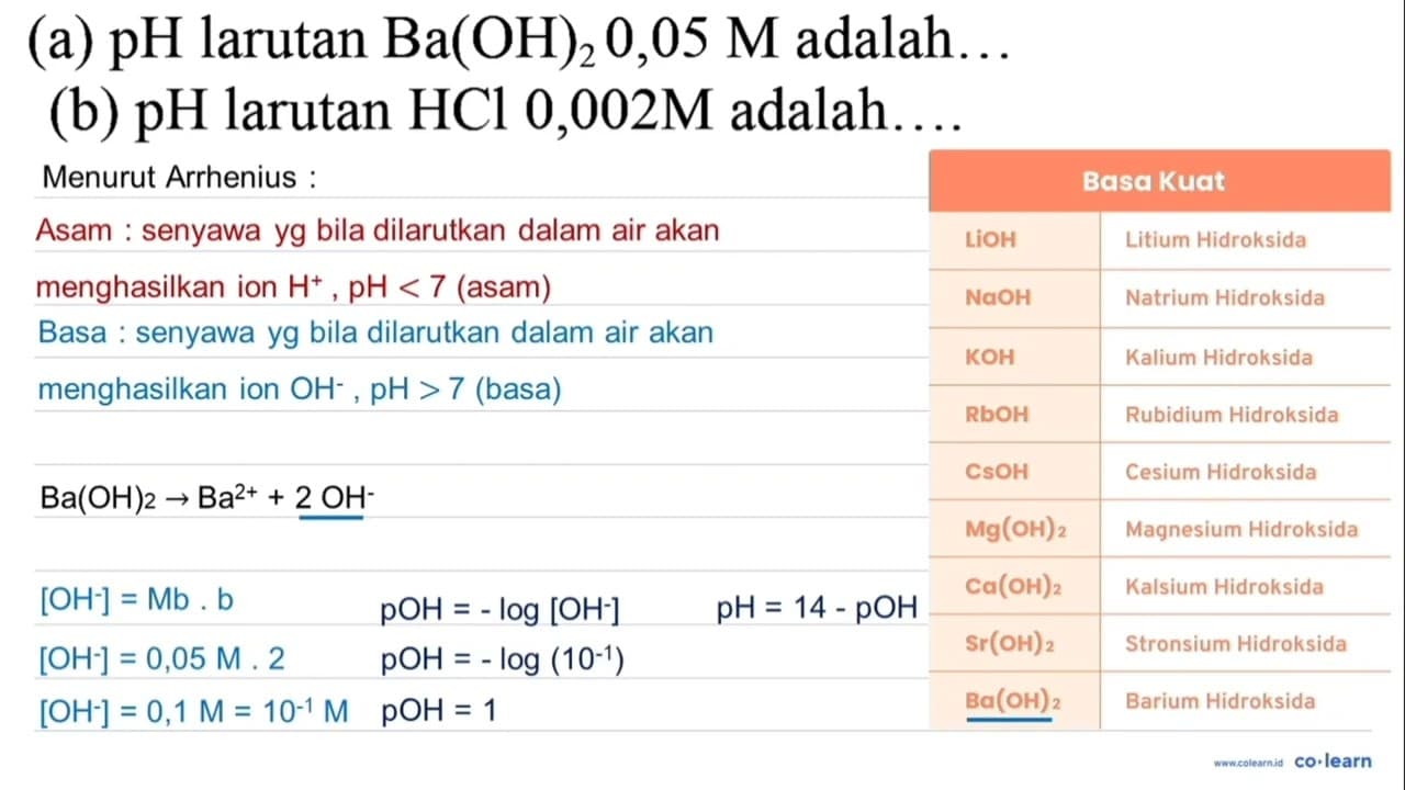 (a) pH larutan Ba(OH)2 0,05 M adalah ... (b) pH larutan HCl