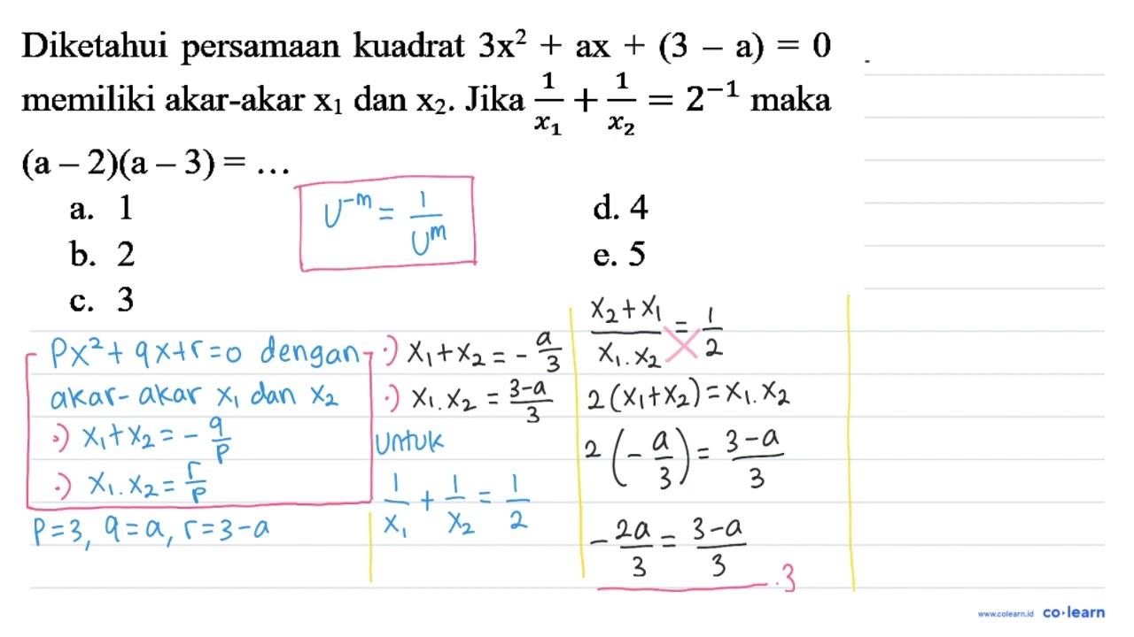 Diketahui persamaan kuadrat 3x^2 + ax + (3 - a)=0 memiliki