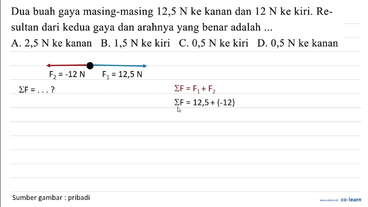 Dua buah gaya masing-masing 12,5 ~N ke kanan dan 12 ~N ke