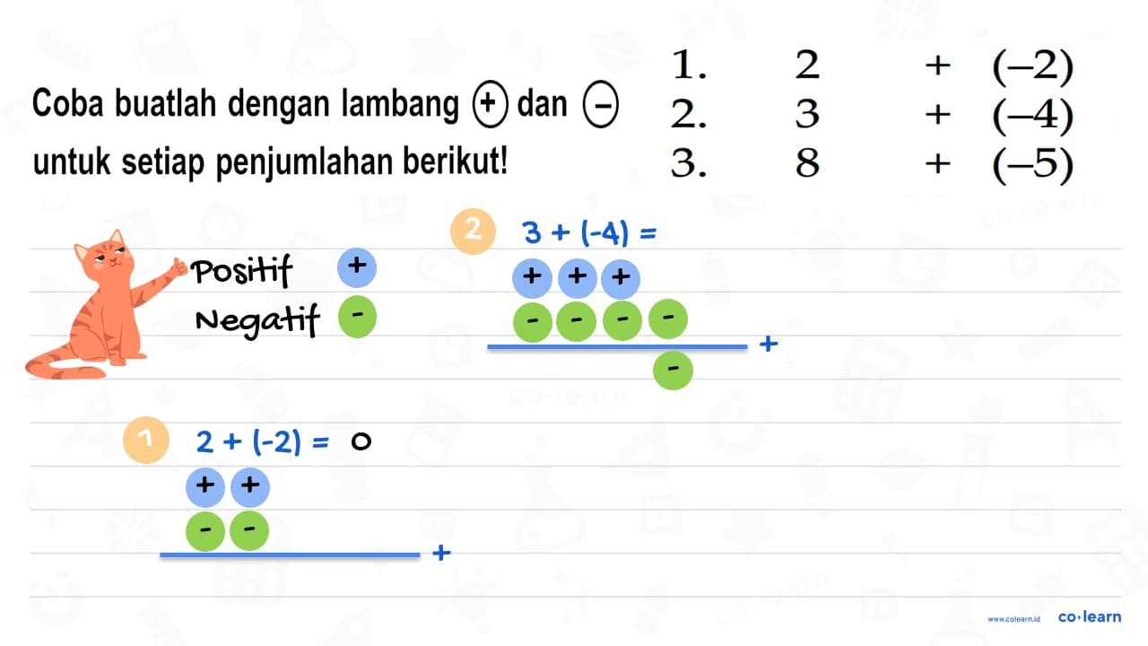 1. 2 + (-2) 2. 3 + (-4) 3. 8 + (-5)