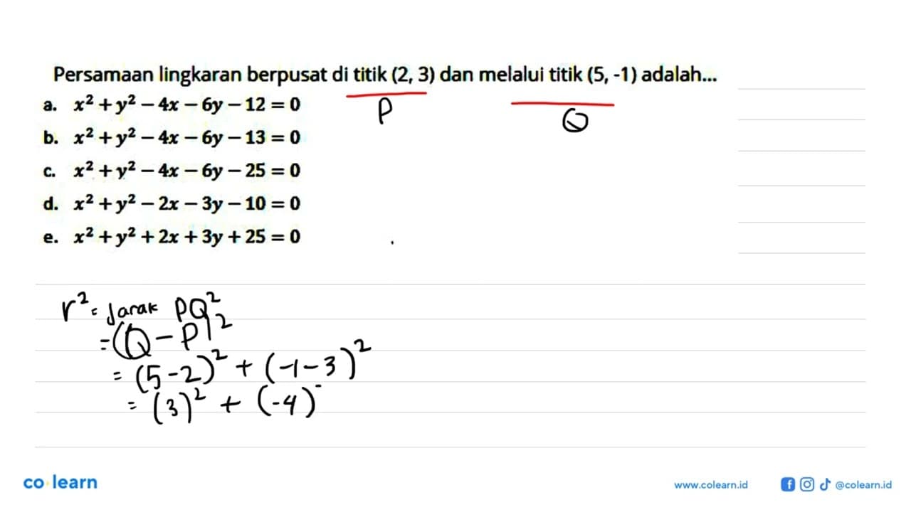 Persamaan lingkaran berpusat di titik (2,3) dan melalui