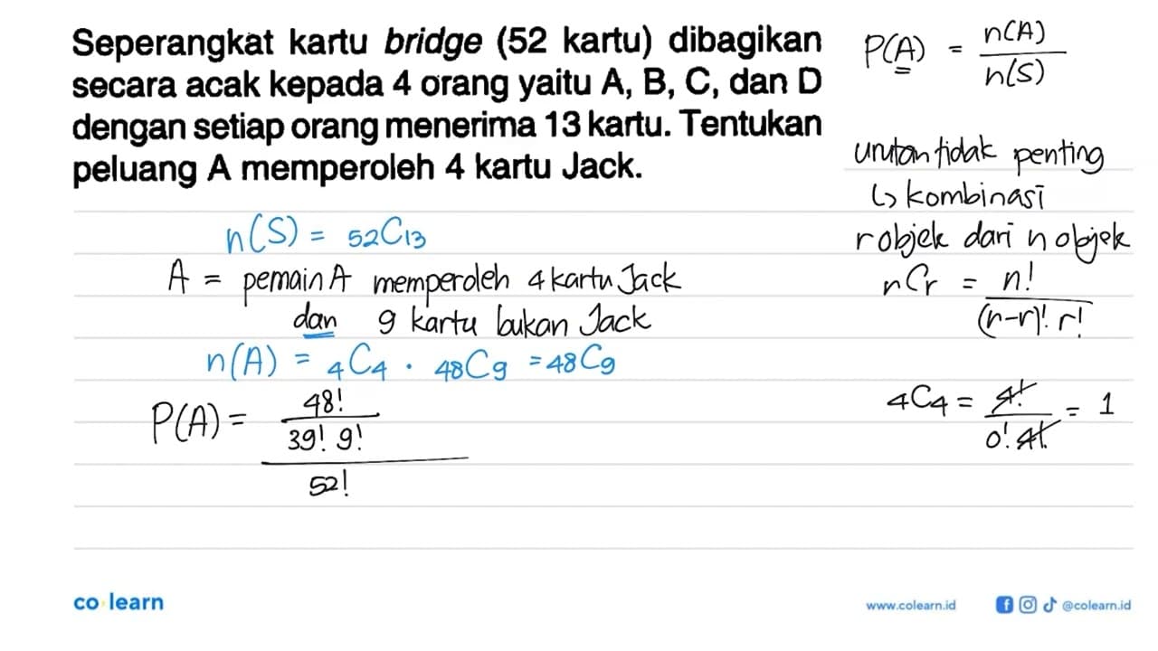 Seperangkat kartu bridge (52 kartu) dibagikan secara acak