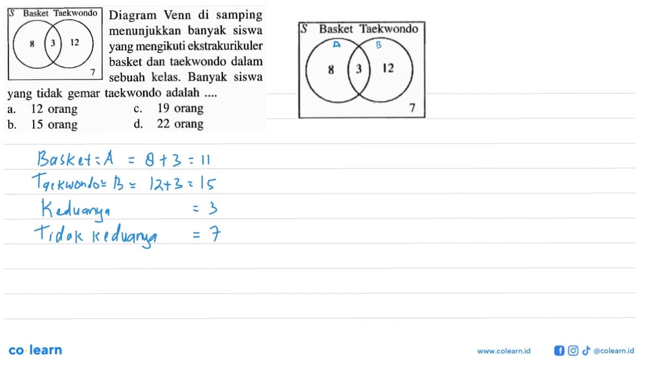 Diagram Venn di samping menunjukkan banyak siswa yang