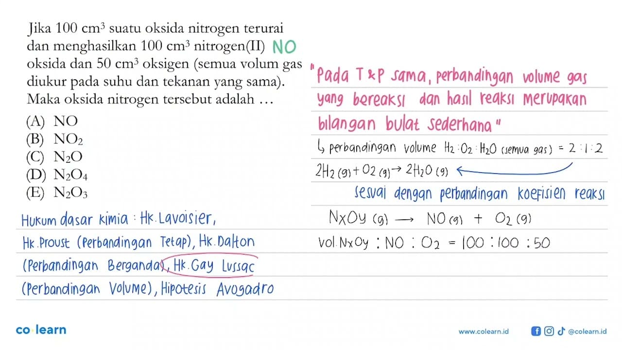 Jika 100 cm^3 suatu oksida nitrogenterurai dan menghasilkan