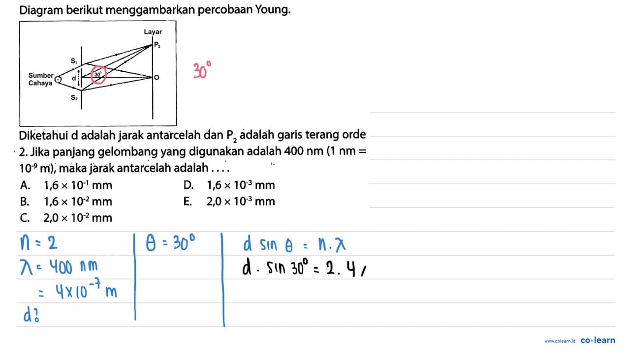 Diagram berikut menggambarkan percobaan Young. Diketahui d