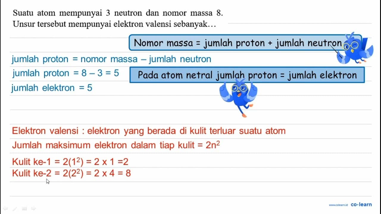 Suatu atom mempunyai 3 neutron dan nomor massa 8 . Unsur