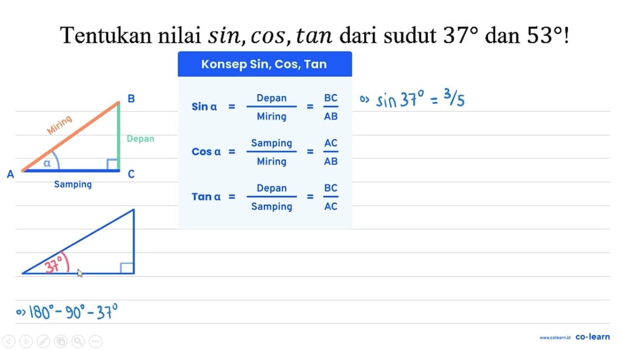 Tentukan nilai sin, cos, tan dari sudut 37 dan 53 !