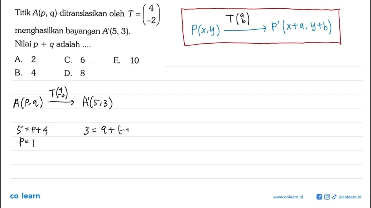 Titik A(p,q) ditranslasikan oleh T=(4 -2) menghasilkan