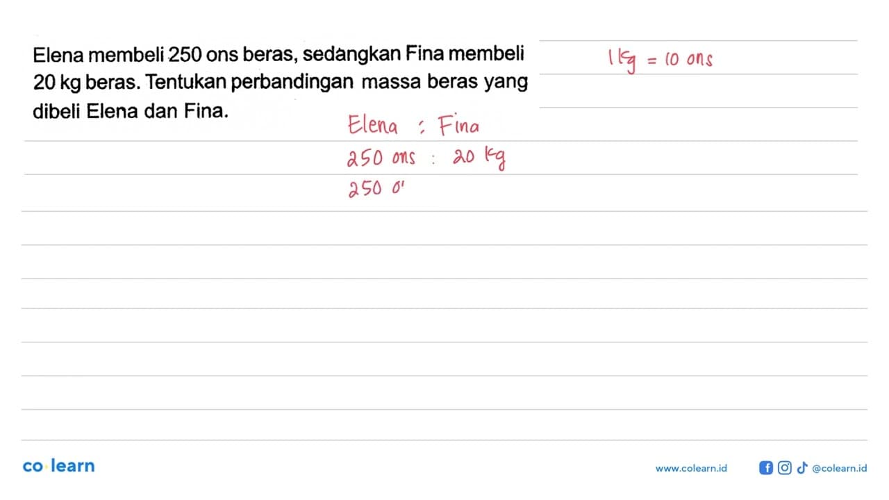 Elena membeli 250 ons beras, sedangkan Fina membeli 20 kg