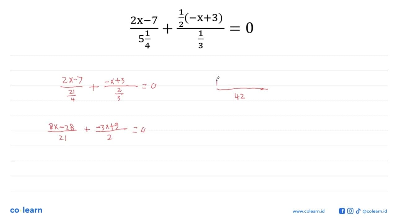 2 x-7/5 1/4+1/2(-x+3)/1/3=0