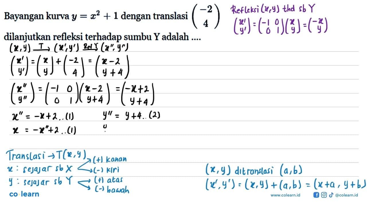 Bayangan kurva y = x^2+1 dengan translasi (-2 4)