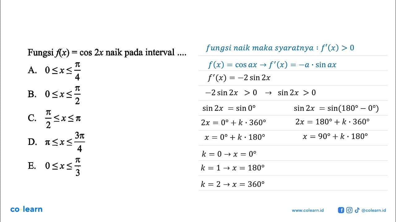 Fungsi f(x)=cos 2x naik pada interval ....