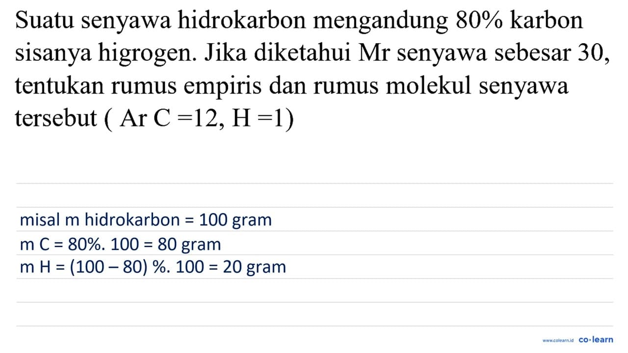 Suatu senyawa hidrokarbon mengandung 80 % karbon sisanya