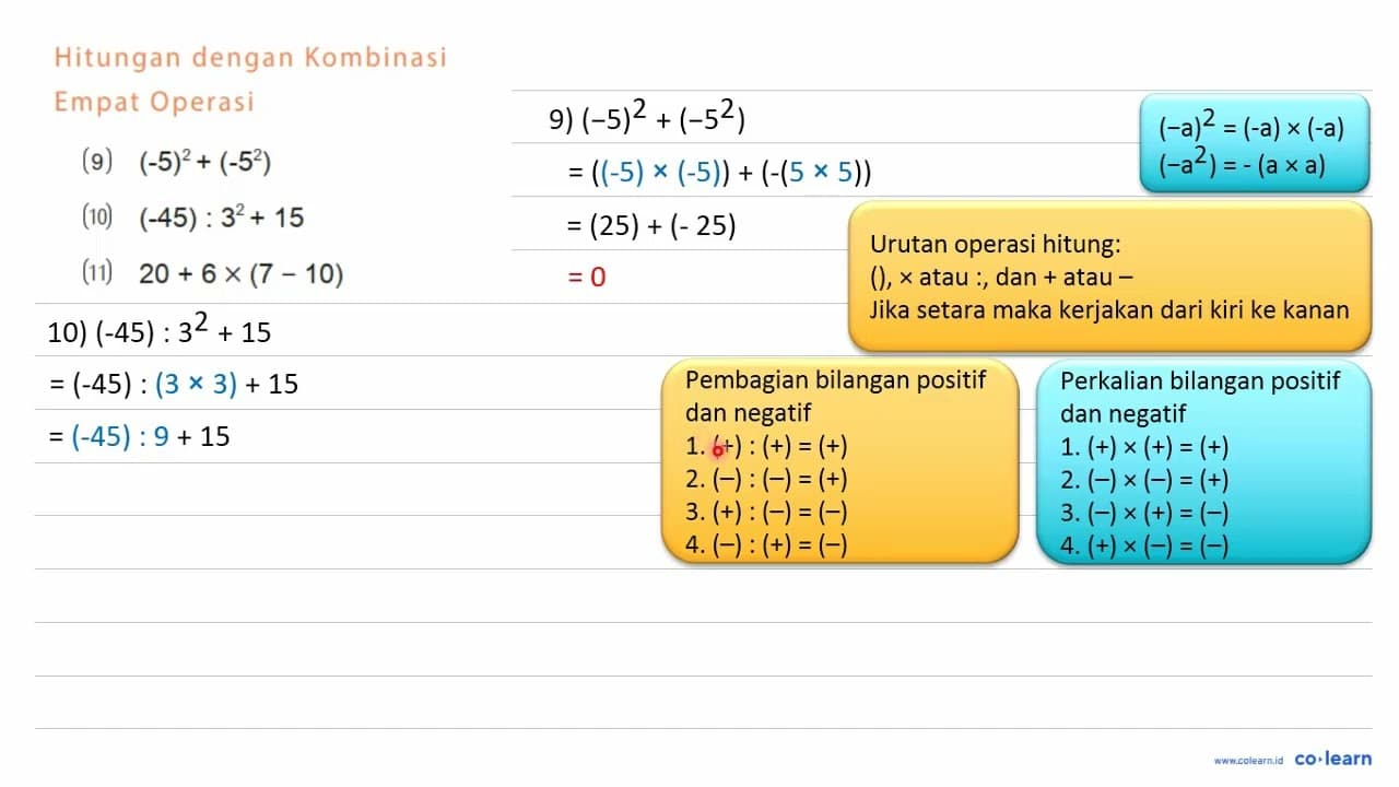 Hitungan dengan Kombinasi Empat Operasi (9) (-5)^2 + (-5^2)