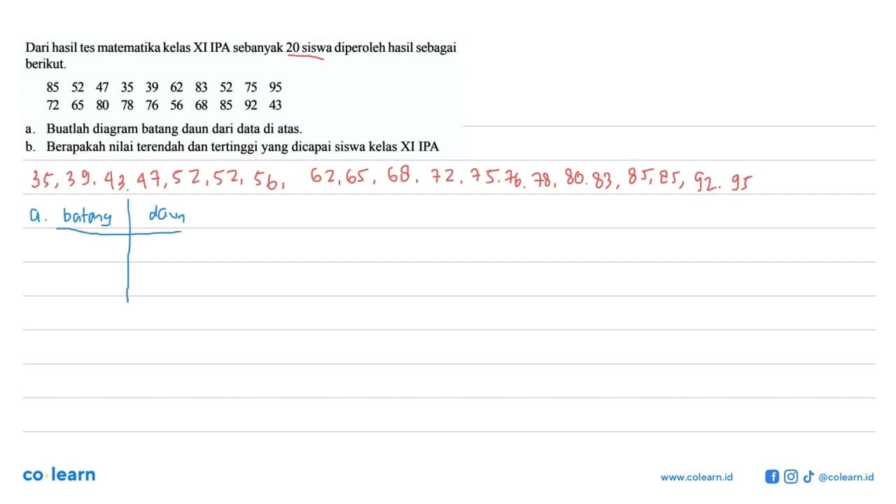 Dari hasil tes matematika kelas XI IPA sebanyak 20 siswa