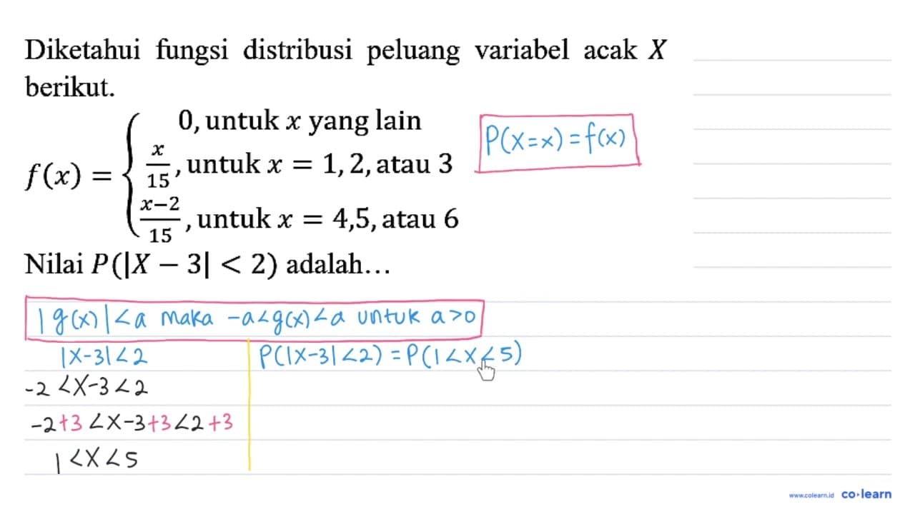 Diketahui fungsi distribusi peluang variabel acak X