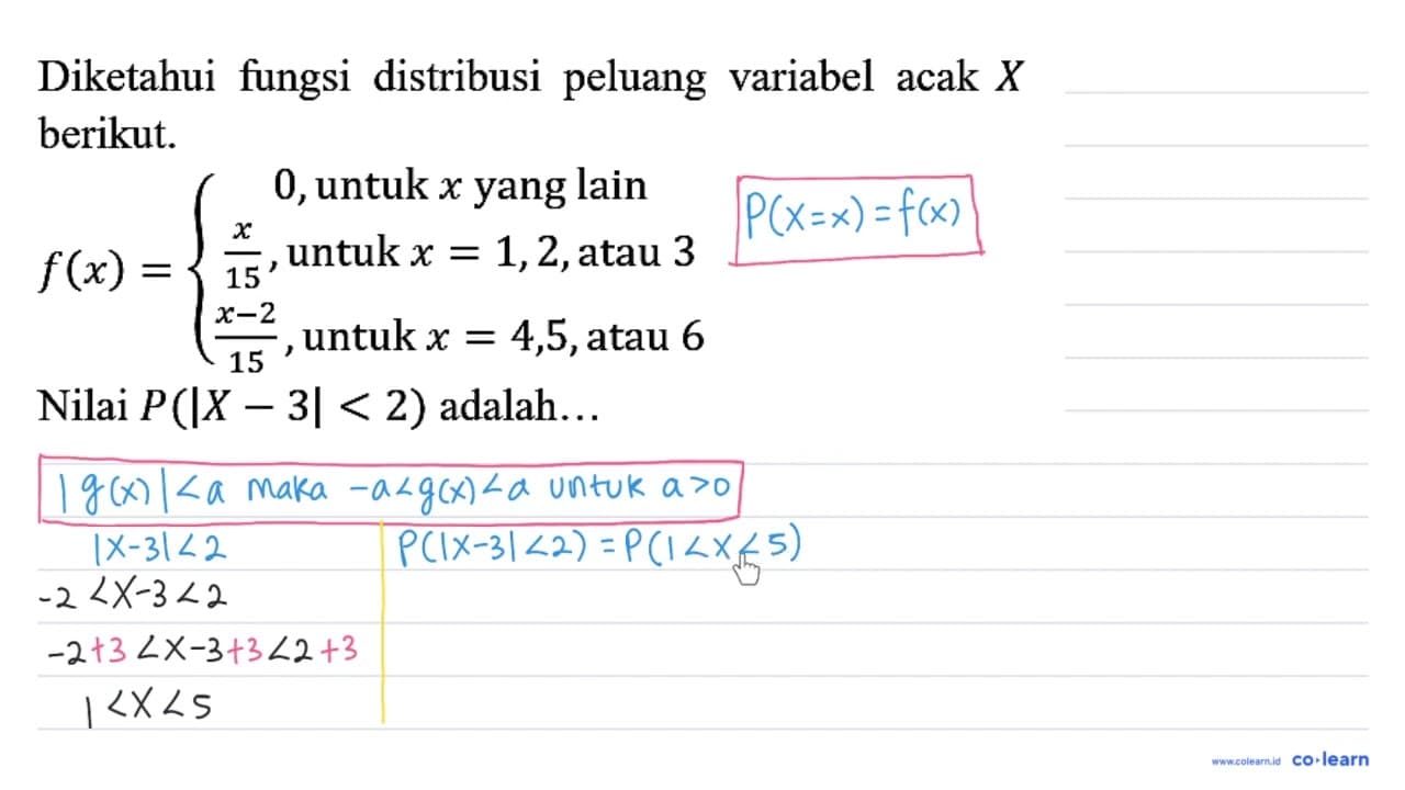 Diketahui fungsi distribusi peluang variabel acak X