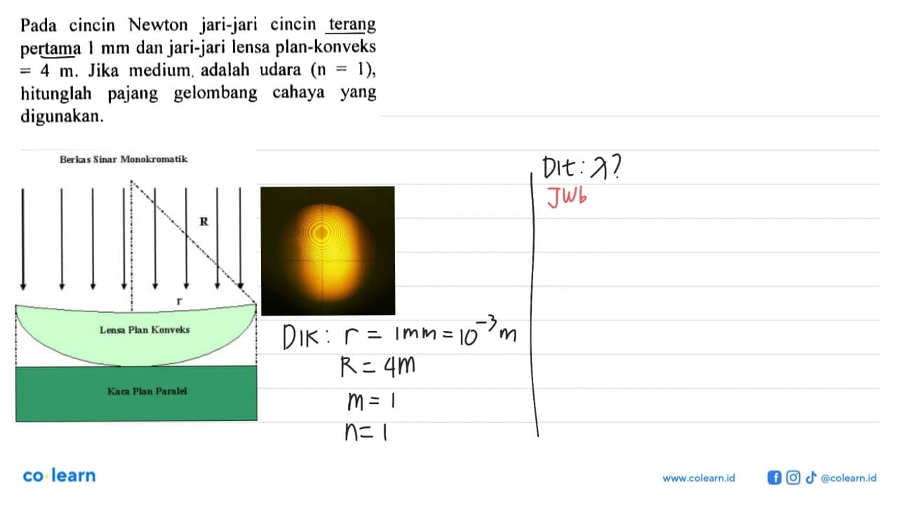 Pada cincin Newton jari-jari cincin terang pertama 1 mm dan