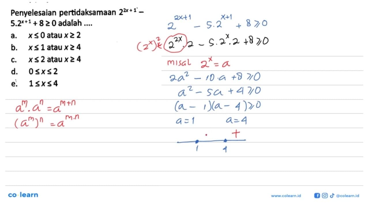 Penyelesaian pertidaksamaan 2^(2x+1)-5.2^(x+1)+8>=0 adalah