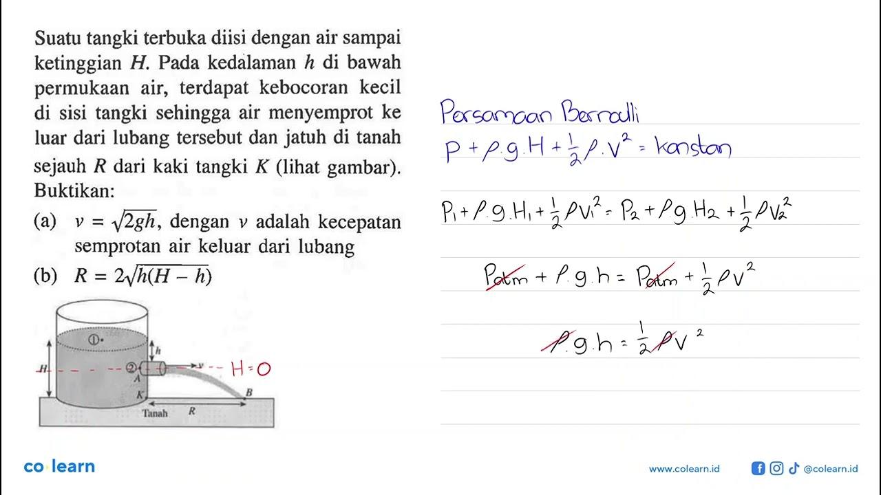 Suatu tangki terbuka diisi dengan air sampai ketinggian H.