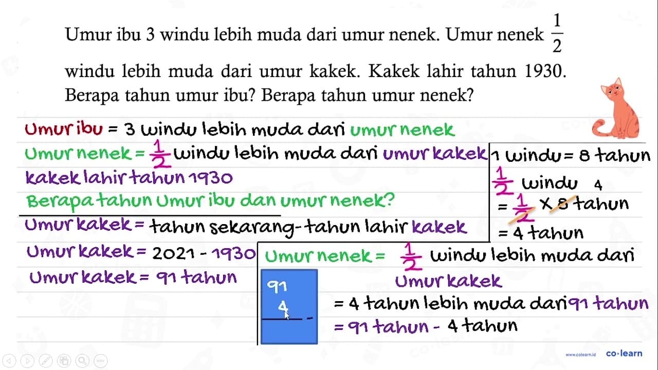 Umur ibu 3 windu lebih muda dari umur nenek. Umur nenek 1/2