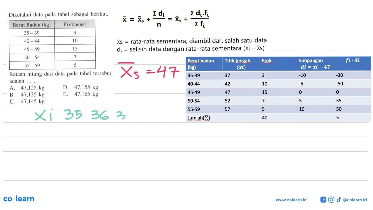 Diketahui data pada tabel sebagai berikut. Berat Badan (kg)