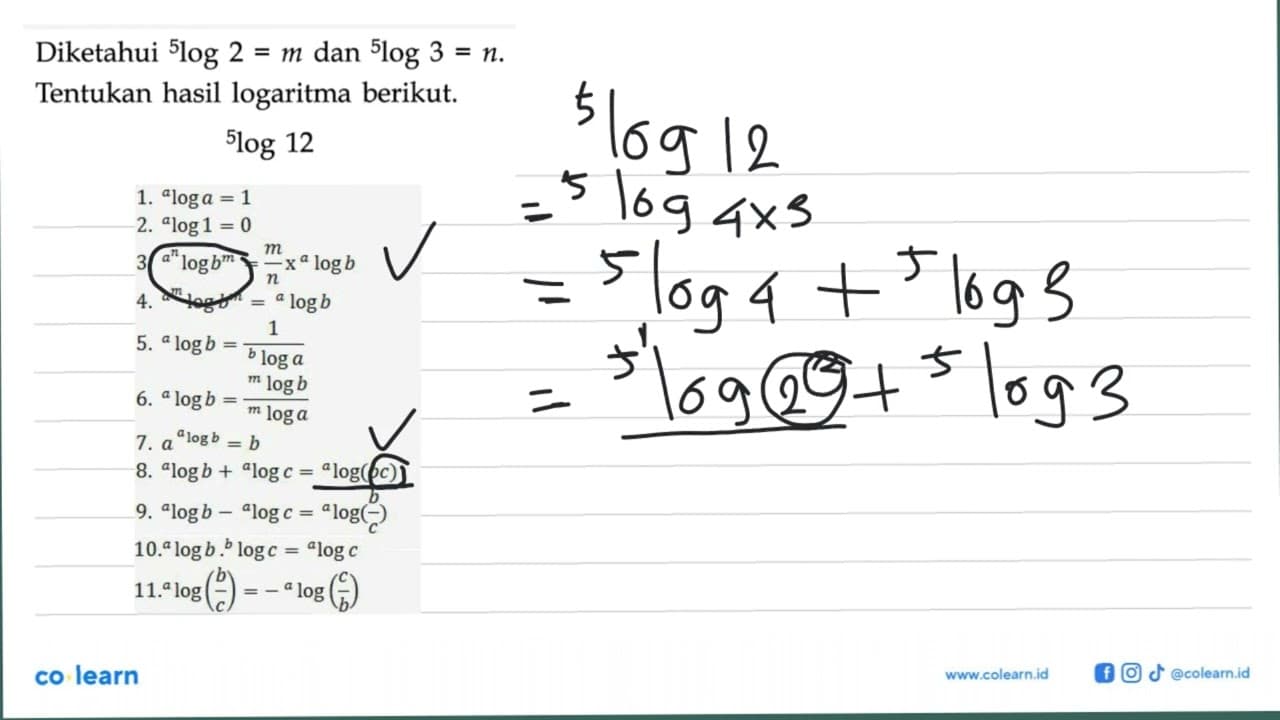 Diketahui 5log2=m dan 5log3=n. Tentukan hasil logaritma