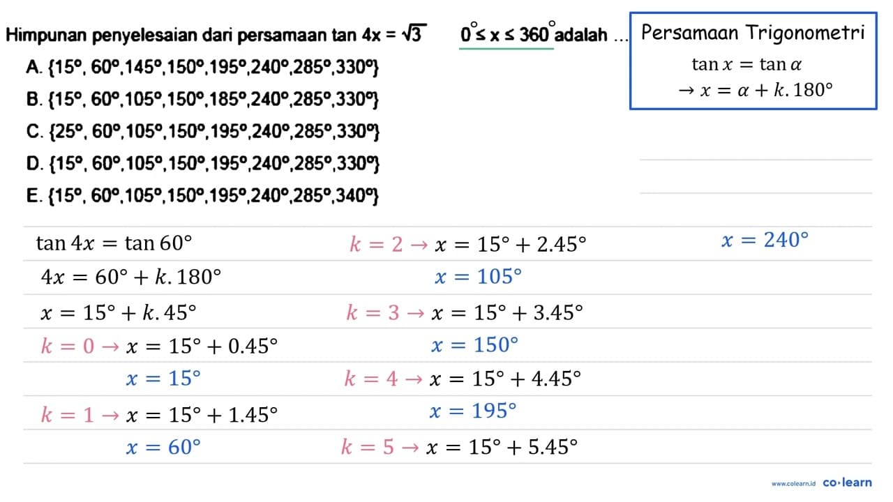 Himpunan penyelesaian dari persamaan tan 4x=akar(3)