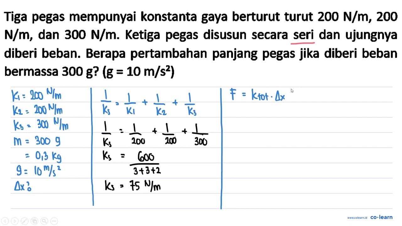 Tiga pegas mempunyai konstanta gaya berturut turut 200 N /