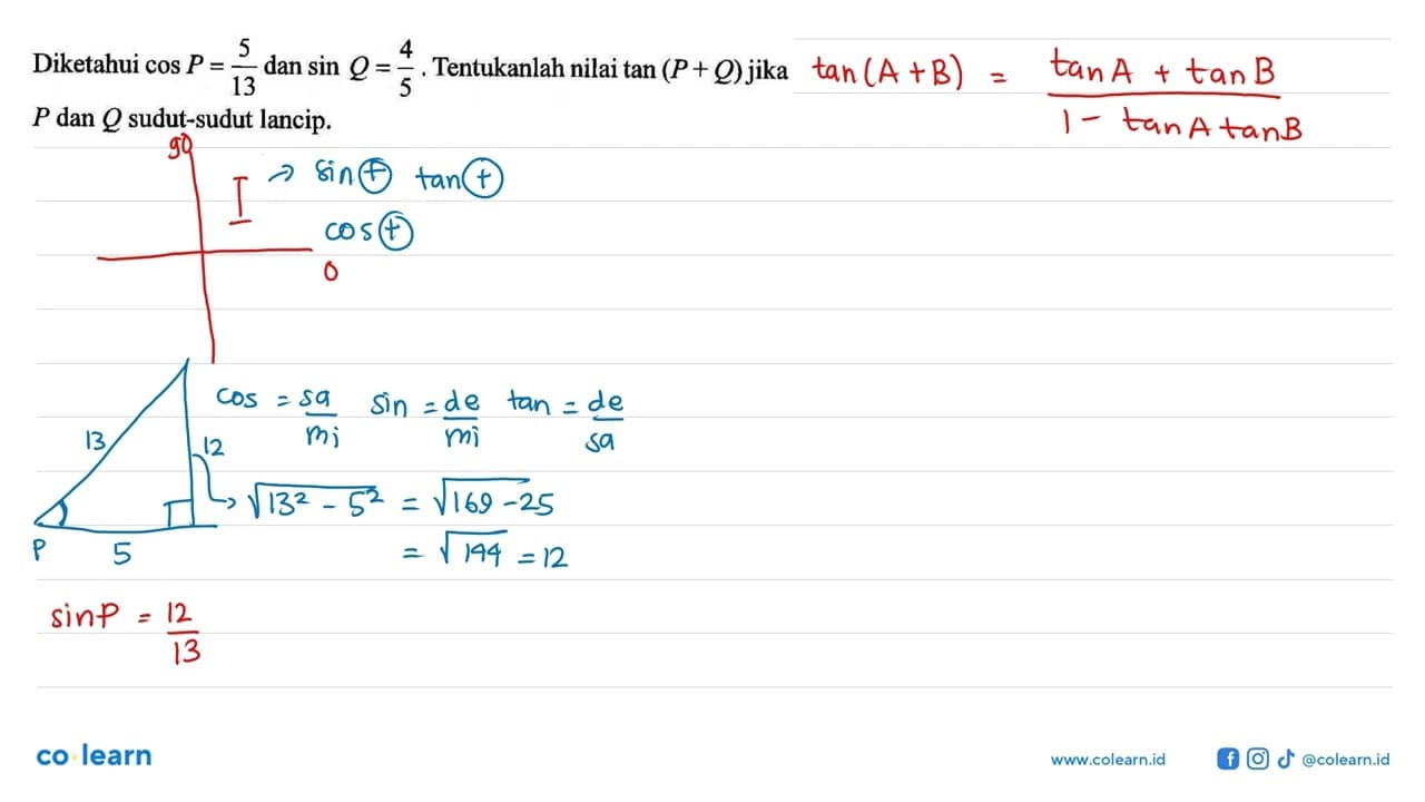 Diketahui cos P =5/13 dan sin Q =4/5. Tentukanlah nilai tan