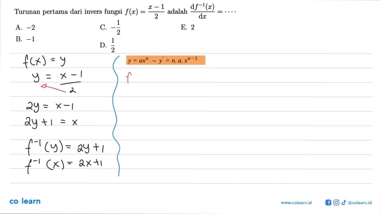 Turunan pertama dari invers fungsi f(x)=(x-1)/2 adalah