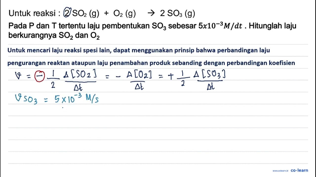 Untuk reaksi : 2 SO_(2)(~g)+O_(2)(~g) -> 2 SO_(3)(~g) Pada