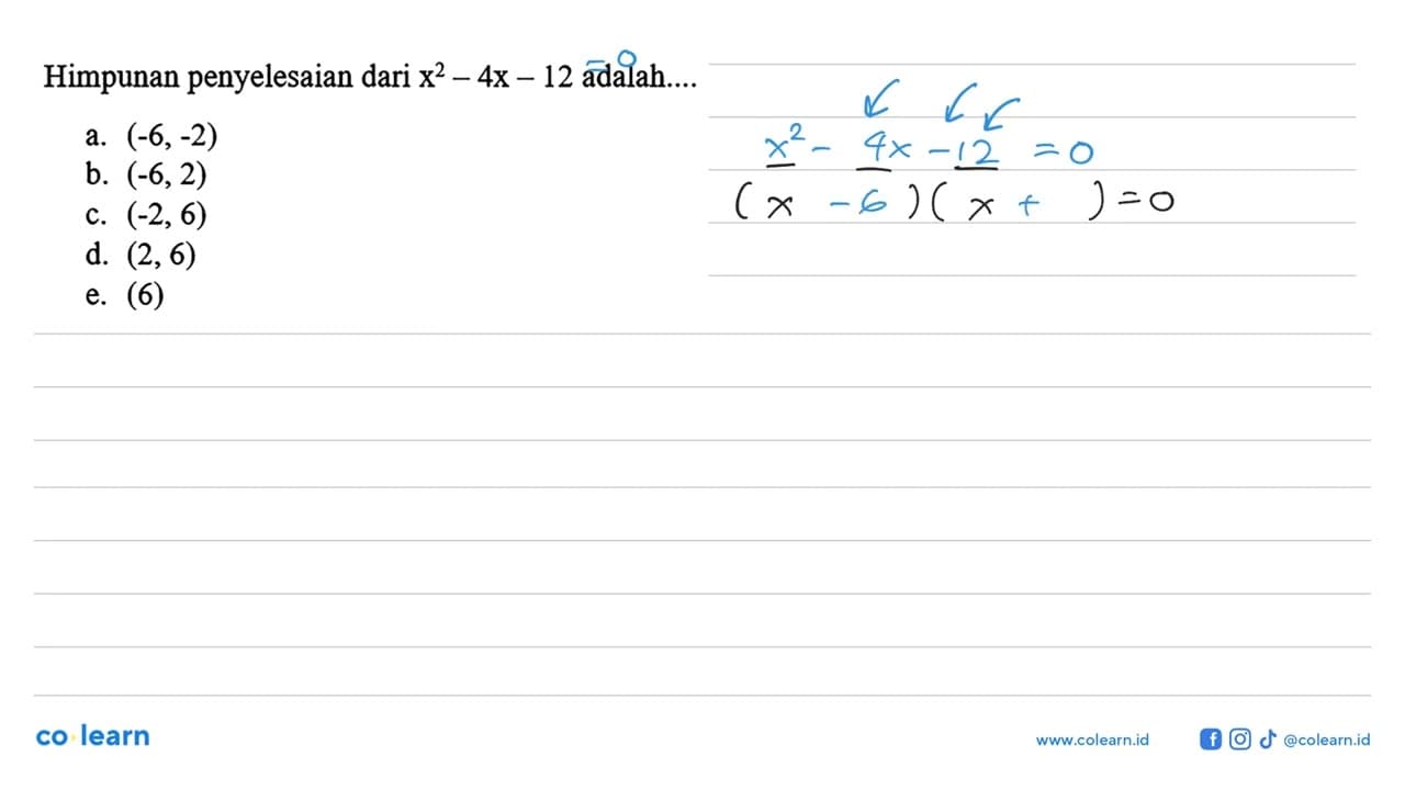 Himpunan penyelesaian dari x^2 - 4x - 12 adalah...