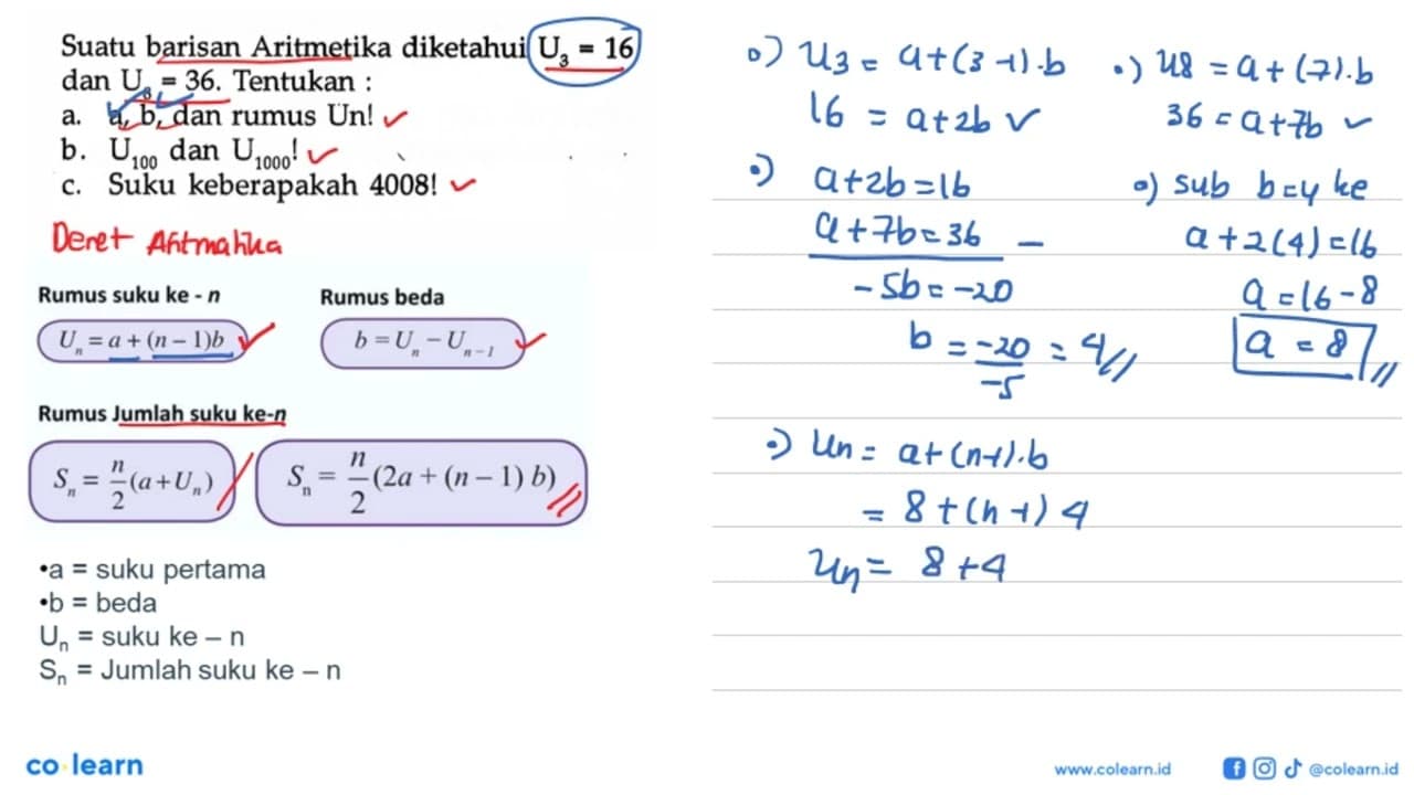 Suatu barisan Aritmetika diketahui U3 = 16 dan U8 = 36,