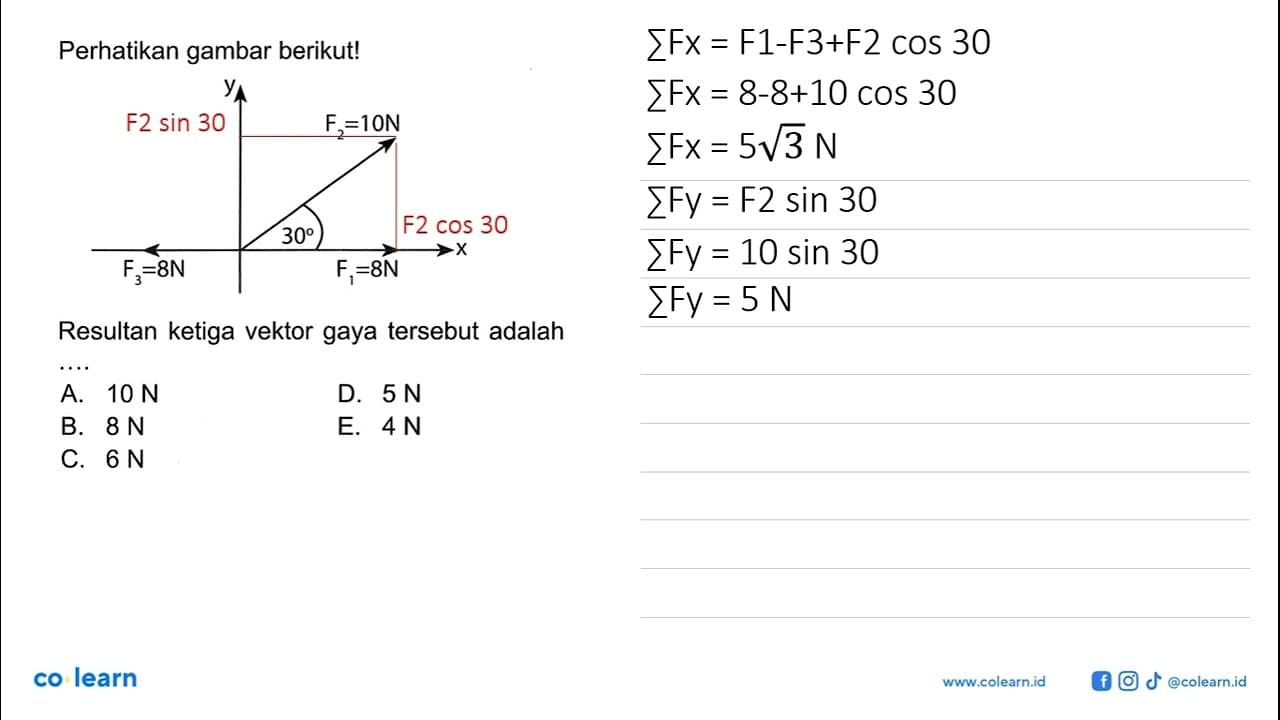Perhatikan gambar berikut! F2=10N 30 F3=8N F1=8N Resultan