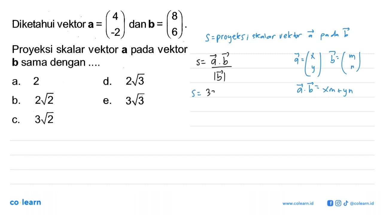 Diketahui vektor a=(4 -2) dan b=(8 6). Proyeksi skalar