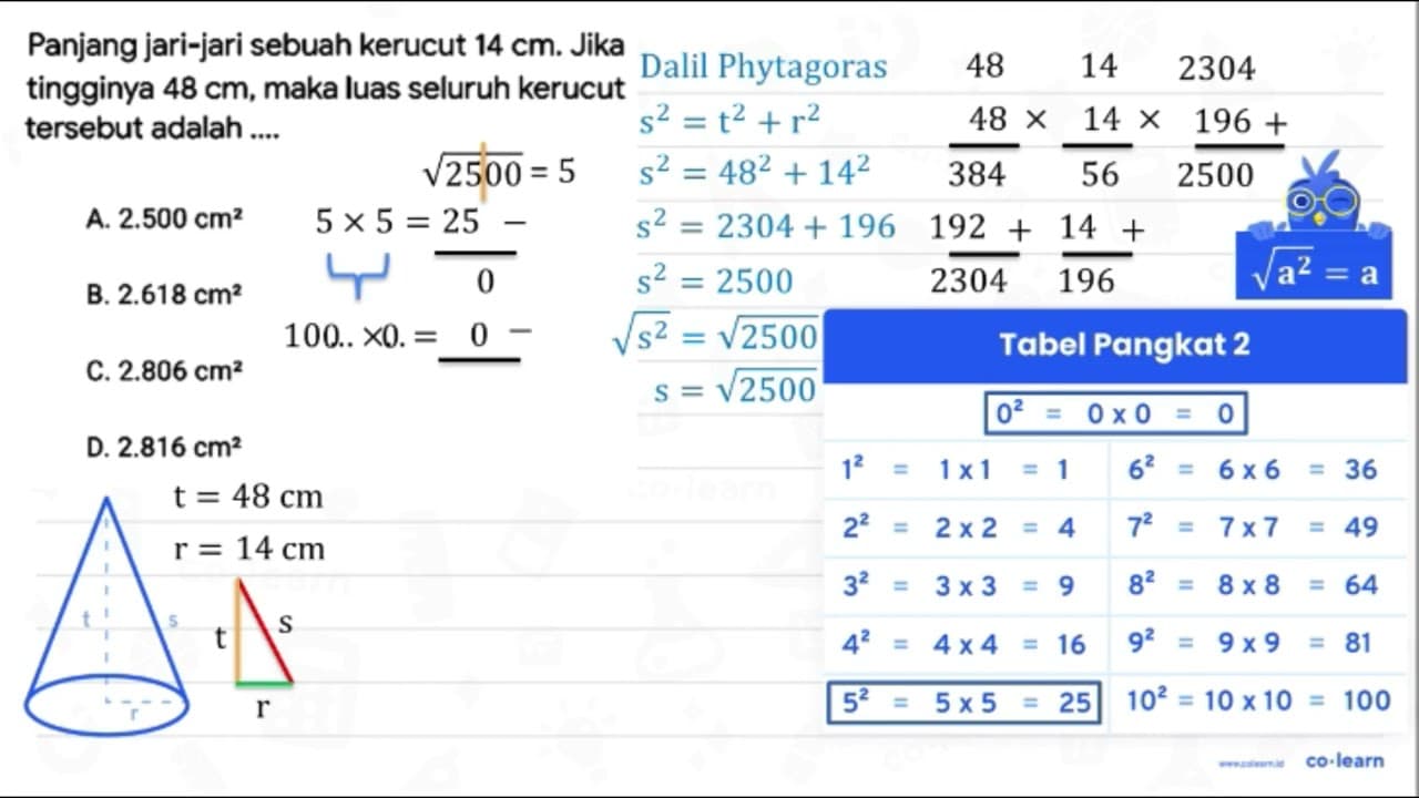 Panjang jari-jari sebuah kerucut 14 cm . Jika tingginya 48