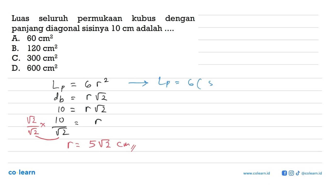 Luas seluruh permukaan kubus dengan panjang diagonal