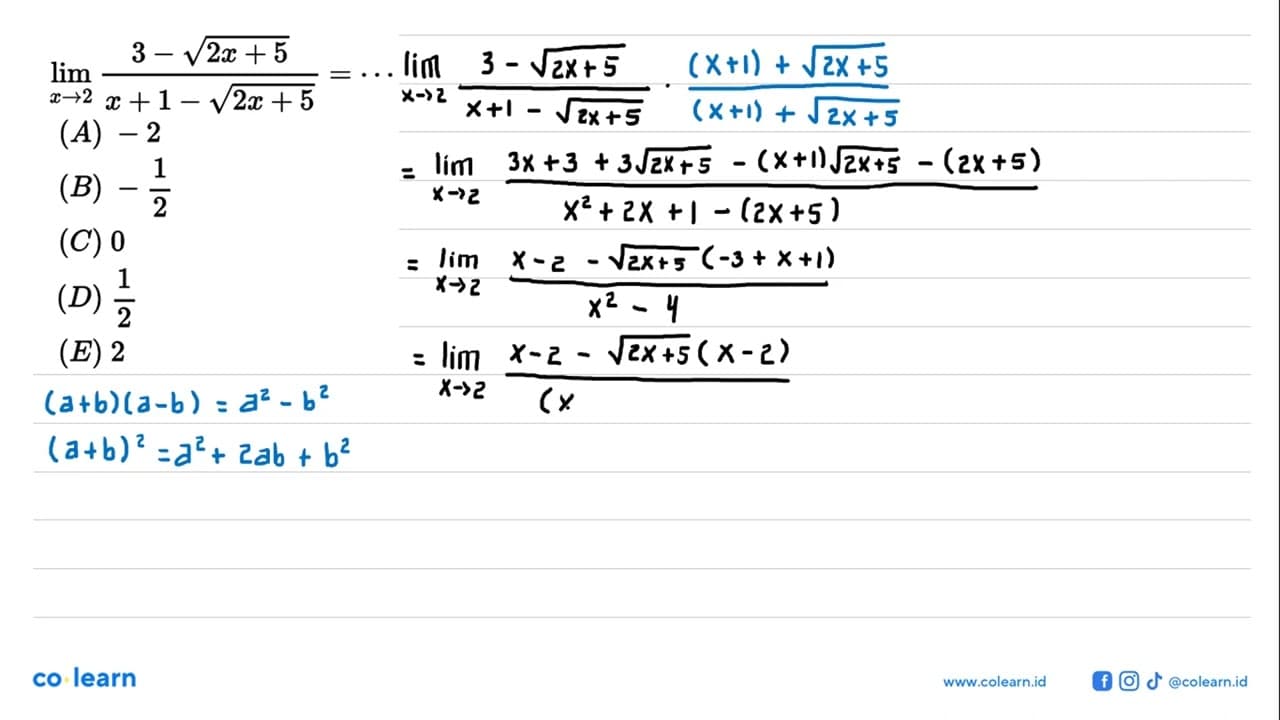 limit x->2 (3-akar(2x+5))/(x+1-akar(2x+5))=...