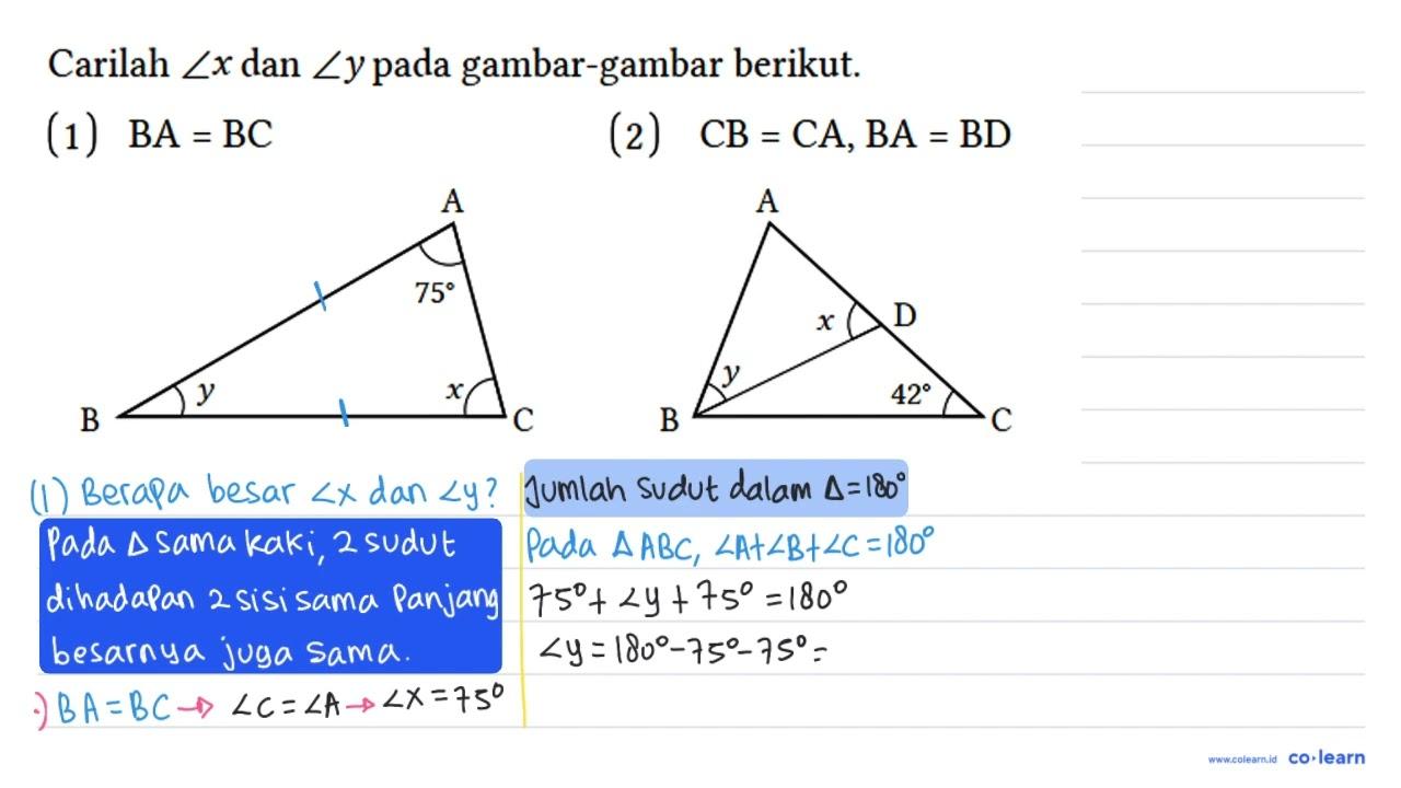 Carilah sudut x dan sudut y pada gambar - gambar berikut.