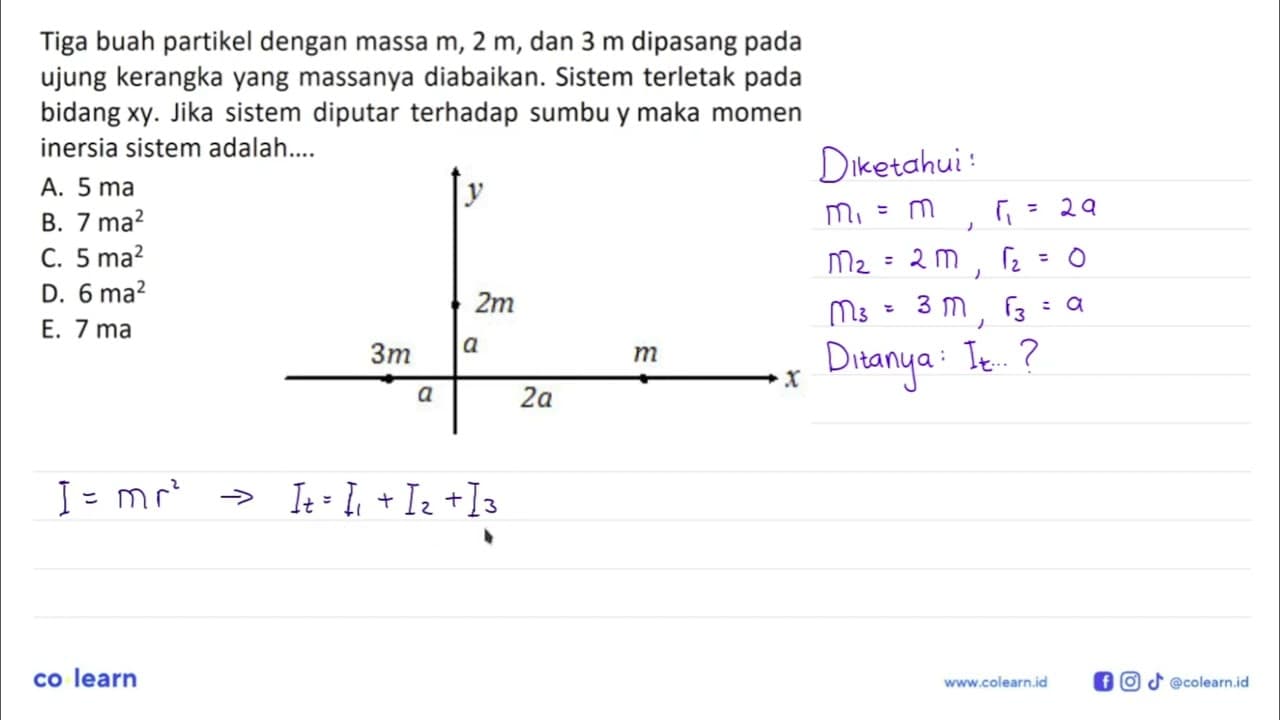 Tiga buah partikel dengan massa m, 2 m, dan 3 m dipasang